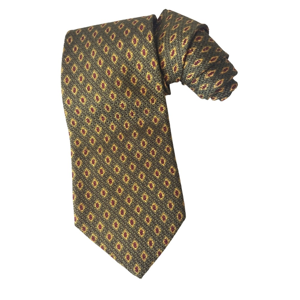 Aquascutum of London Silk Tie Mens Olive Green Burgundy‎ Gold Diamond Geometric